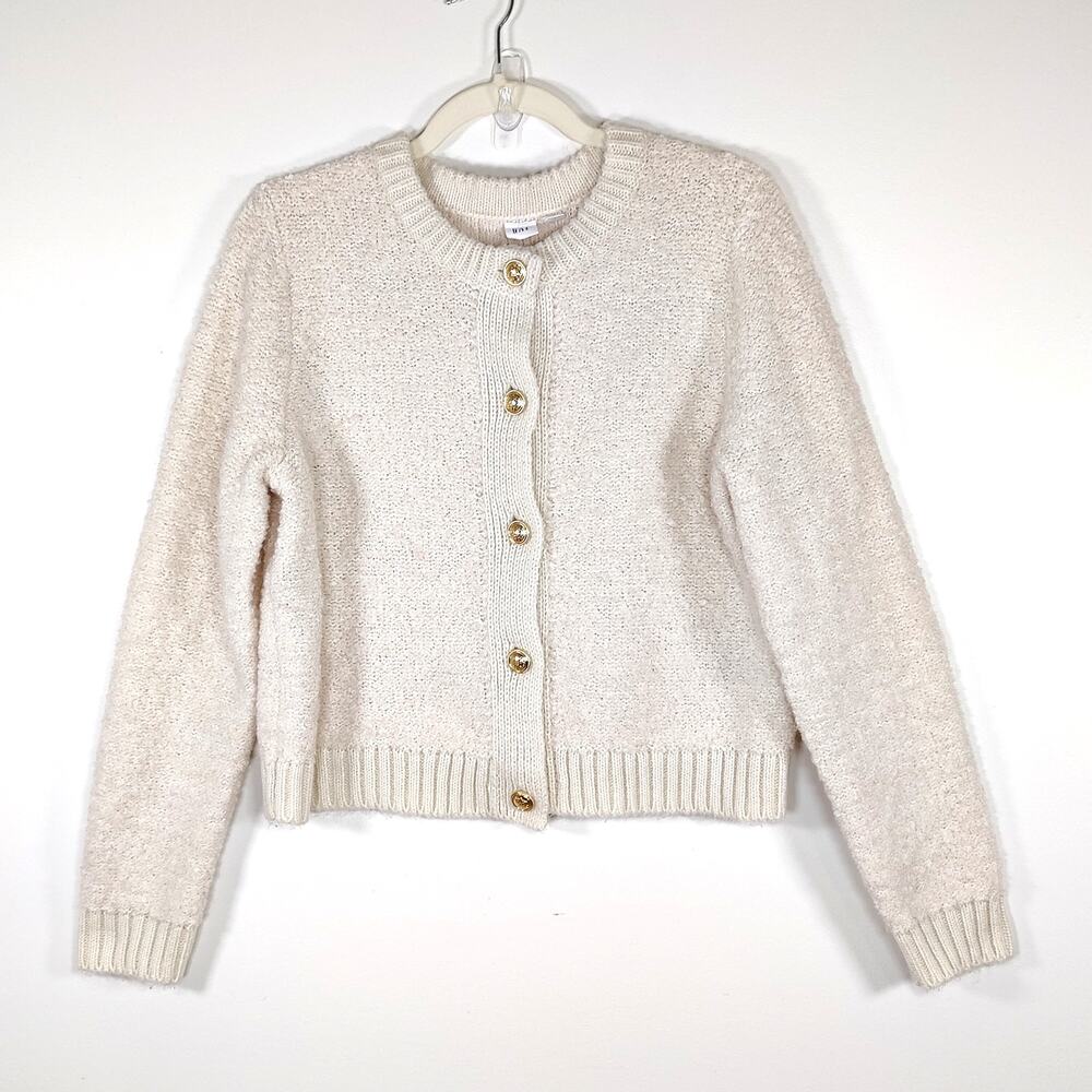 GAP Wool Blend Bouclé Cardigan Sweater Ivory Gold Crest Buttons M Cropped